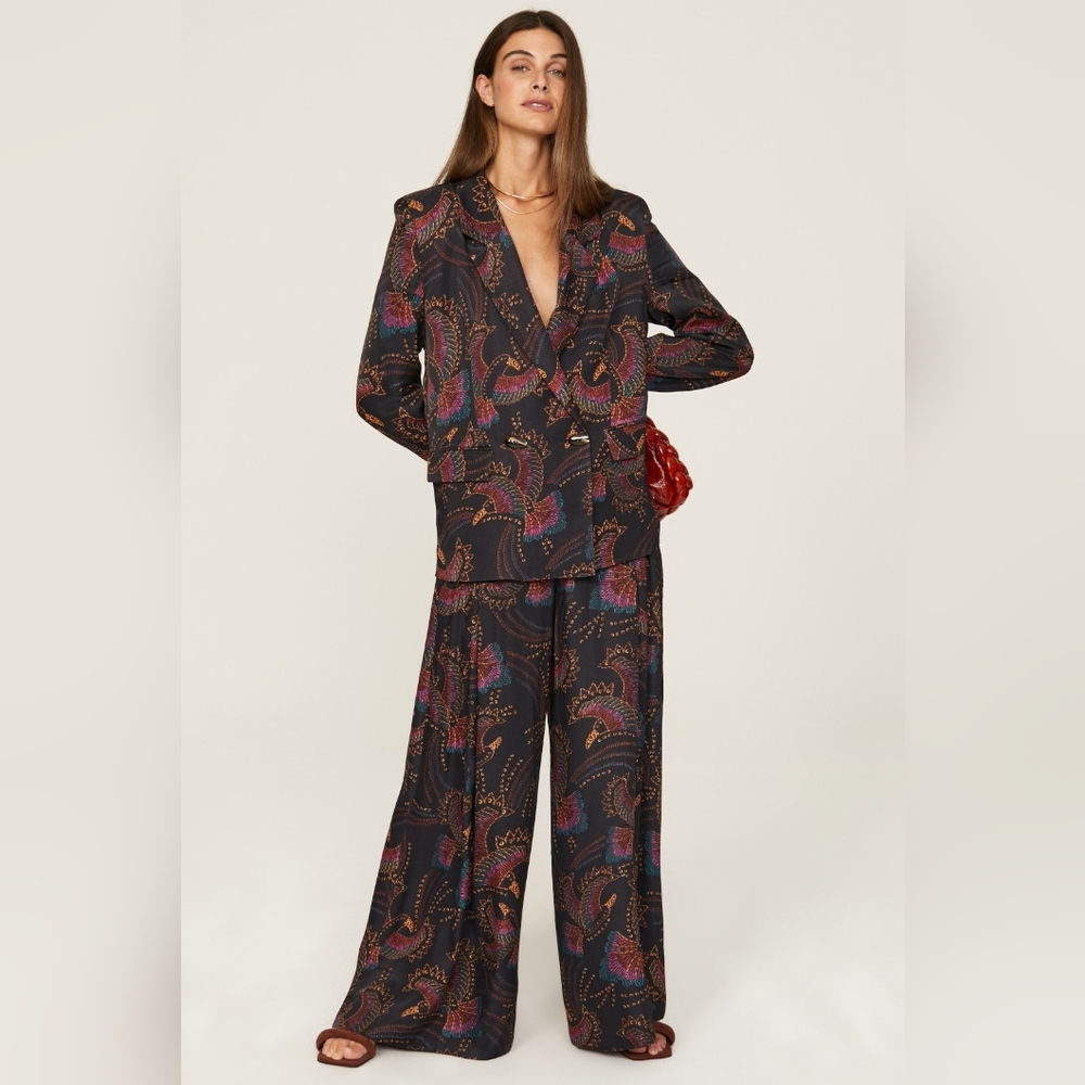Farm Rio Toucan Satin Wide-Leg Pants – Size Medium 🖤✨🐦